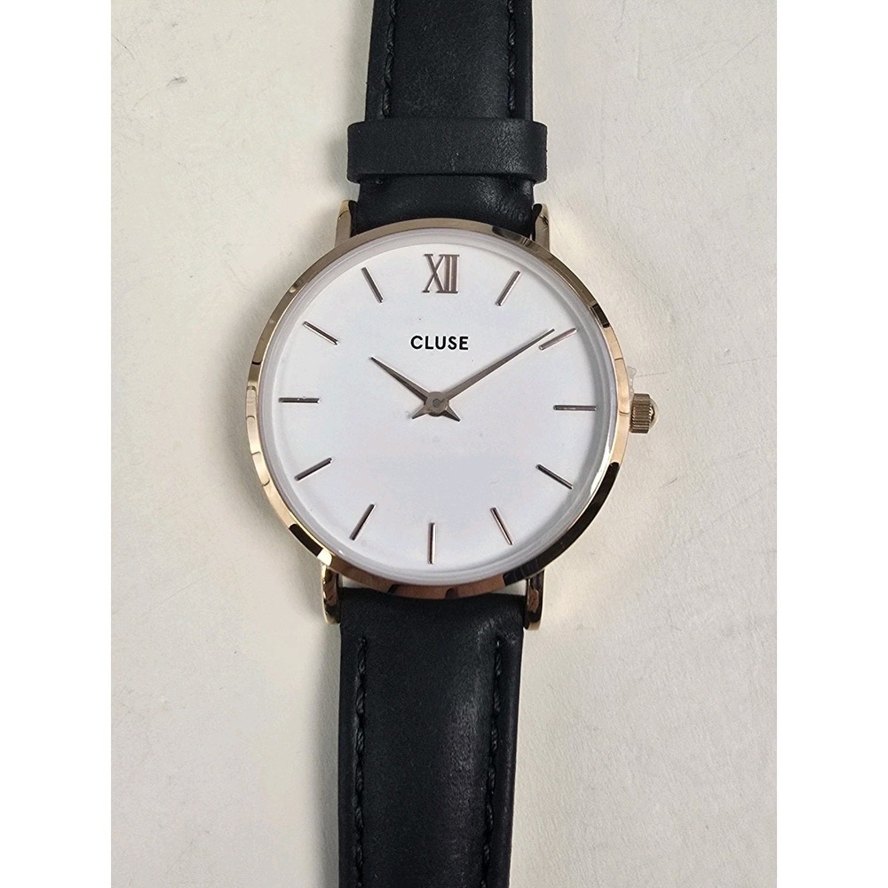 Cluse Women's Minuit White‎ Dial Black Leather Rose Gold Case Watch CL30003 NWT